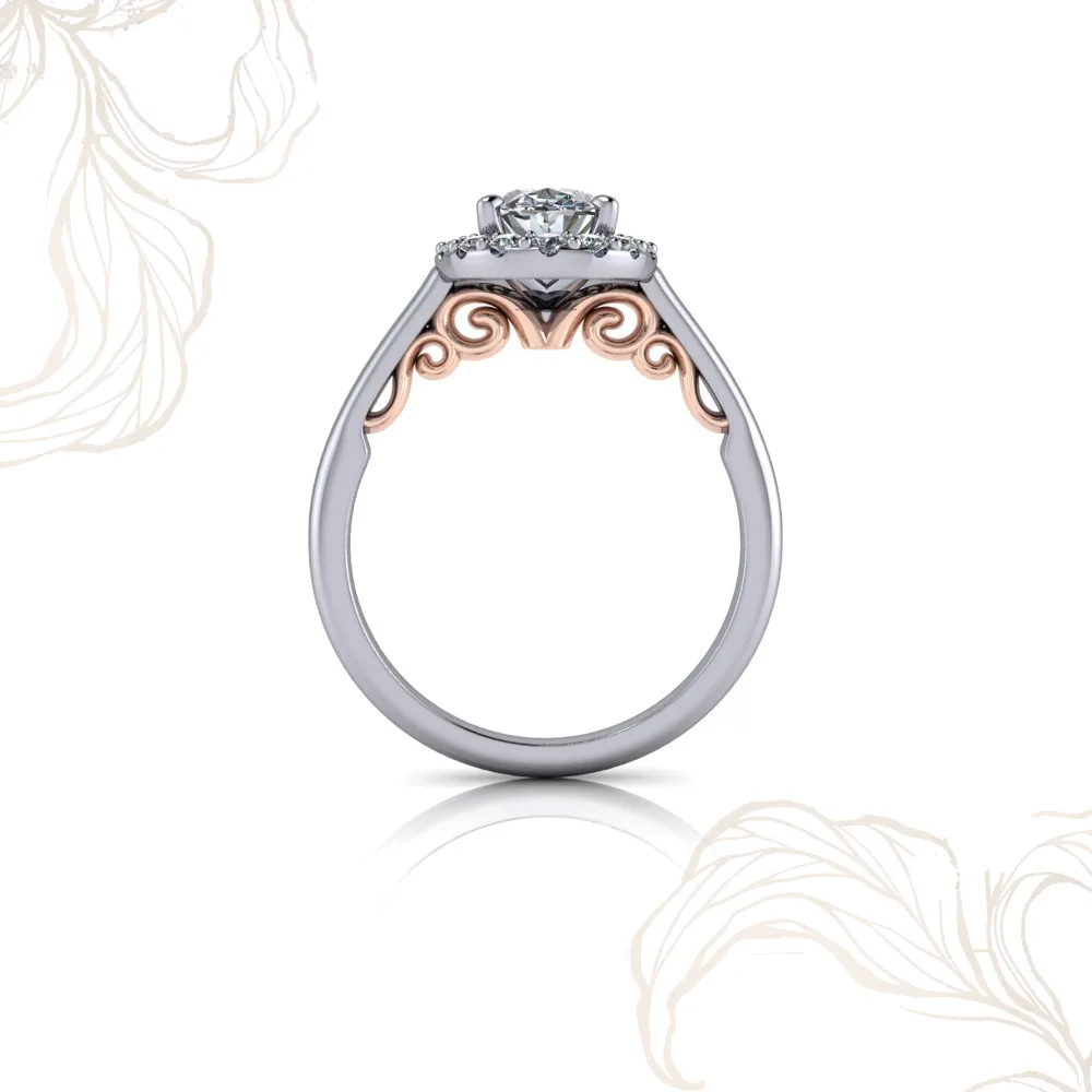 Şakayık roze detaylı oval halo pırlanta yüzük
